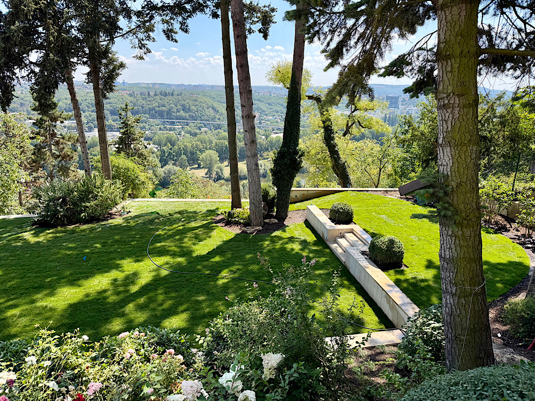 The garden at Vila Wolf overlooking the valley, framed by mature pines